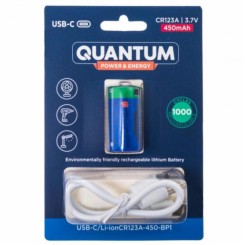 Акумулятор літій-іонний Quantum USB Li-ion CR123A(16340) 3.7V, 450mAh   blister+Type-C кабель, 1шт/уп