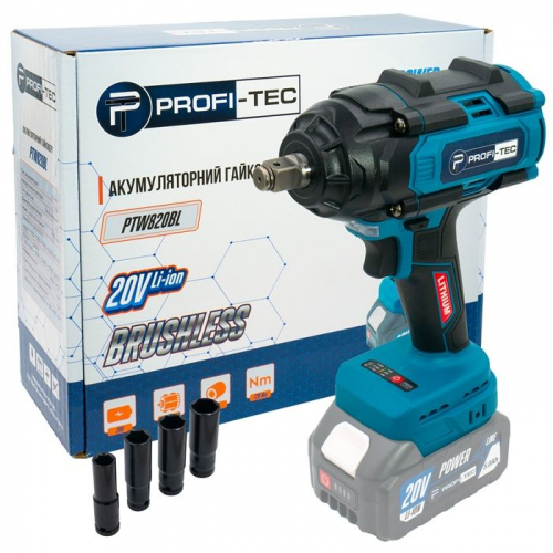 Акумуляторний гайковерт PROFI-TEC PTW820BL 20V, 1/2", max 720Nm, каркас, коробка
