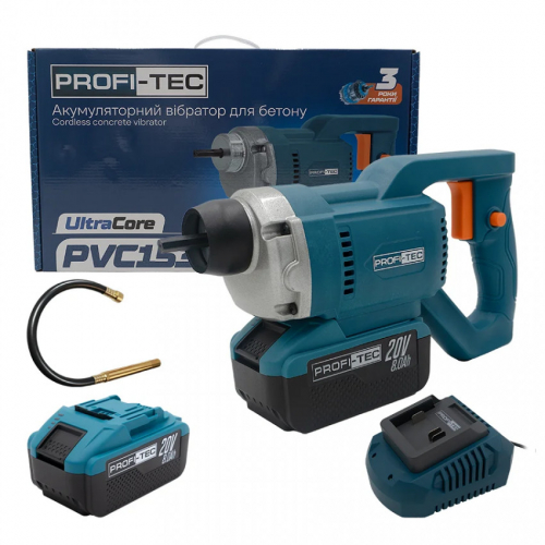 Акумуляторний вібратор для бетону PROFI-TEC PCV1535, 20В, 1*PT2080EP, QBCD20/4 quick, + шланг 1,5м