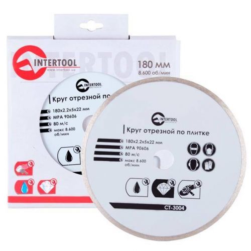 Диск відрізний алмазний по плитці, із суцільною крайкою, 180 мм, 16-18% INTERTOOL CT-3004