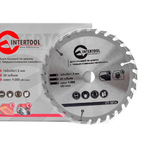 Диск пиляльний по деревині з твердосплавними напайками 160*20*1.5 мм, 30 зубів INTERTOOL CT-3016
