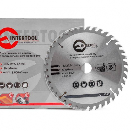 Диск пиляльний по деревині із твердосплавними напайками 180*22*1.5 мм, 40 зубів INTERTOOL CT-3043