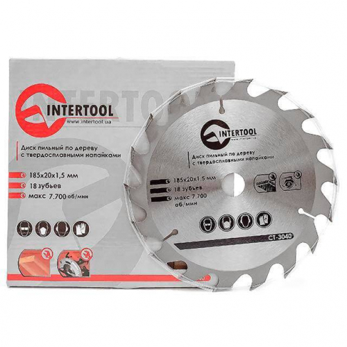 Диск пиляльний по деревині з твердосплавними напайками 185*20*1.5 мм, 18 зубів INTERTOOL CT-3040