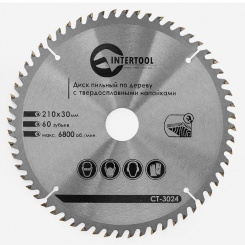 Диск пиляльний по деревині із твердосплавними напайками 210*30*1.5 мм, 60 зубів, 6800 об/хв. INTERTOOL CT-3024
