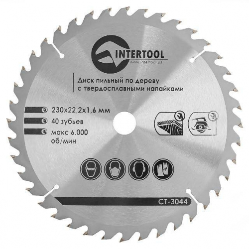 Диск пиляльний по деревині із твердосплавними напайками 230*22*1.6 мм, 40 зубів INTERTOOL CT-3044