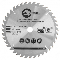 Диск пиляльний по деревині із твердосплавними напайками 230*22*1.6 мм, 40 зубів INTERTOOL CT-3044