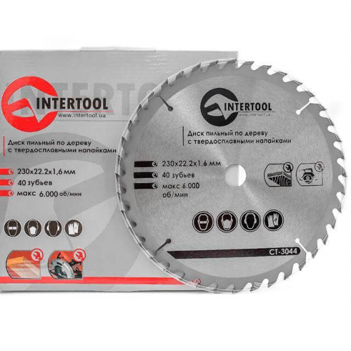 Диск пиляльний по деревині із твердосплавними напайками 230*22*1.6 мм, 40 зубів INTERTOOL CT-3044