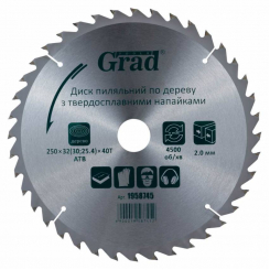 Диск пильний по дереву з твердосплавними напайками 250×32(30;25.4)×40T GRAD (1958745)