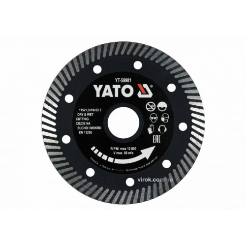 Диск відрізний алмазний по гресу,кераміці "TURBO" YATO Ø=115x1.3x10x22.2мм,в мокрому і сухому режимі