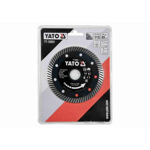 Диск відрізний алмазний по гресу,кераміці "TURBO" YATO Ø=115x1.3x10x22.2мм,в мокрому і сухому режимі