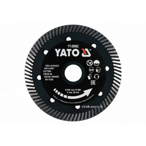 Диск відрізний алмазний по гресу,кераміці "TURBO" YATO Ø=125x1.3x10x22.2мм,в мокрому і сухому режимі