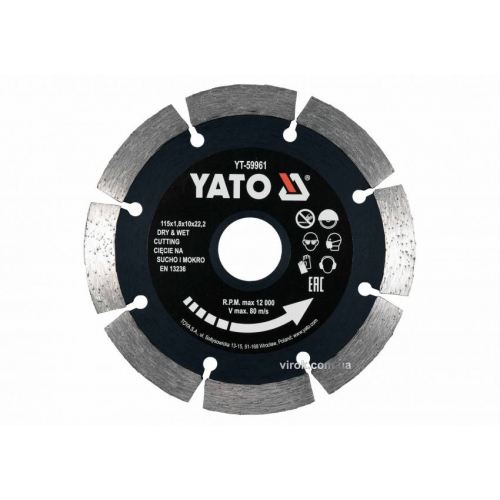 Диск відрізний алмазний по каменю і бетону YATO Ø=115x1.8x10x22.2 мм, в мокрому і сухому режимі