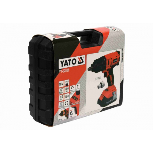 Гайковерт ударний акумуляторний безщітковий YATO : квадрат- 1/2", 700 Нм, Li-Ion 18 В, 3 Агод  кейс