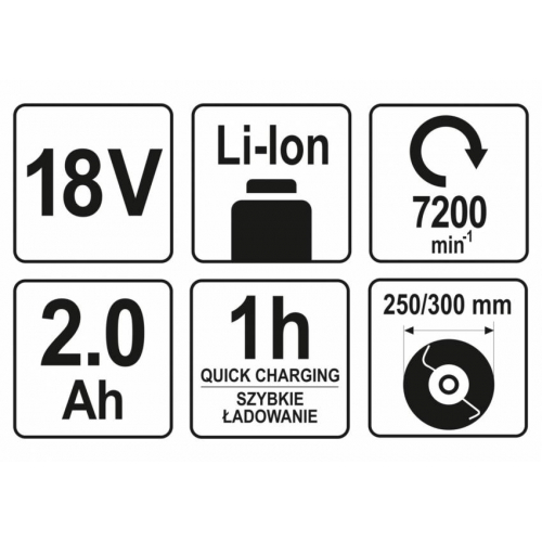Газонокосарка акумуляторна YATO Li-Ion 18 В, 2 АГод, обрізний діап. Ø=25/30 см, з зарядним пристроєм