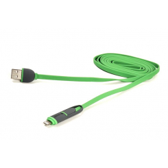 Кабель PowerPlant Quick Charge 2A 2-в-1 flat USB 2.0 AM – Lightning/Micro 2м зелений
