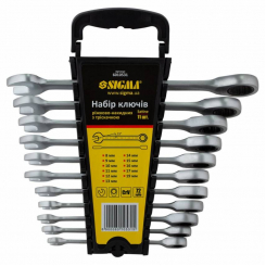 Ключі ріжково-накідні тріскачкові 11шт (8-17, 19мм) CrV satine Sigma (6010531)