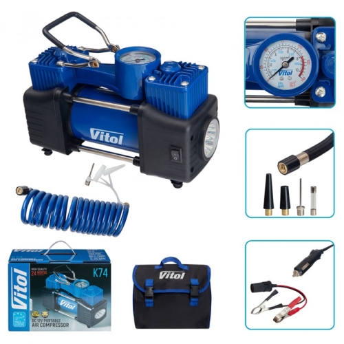 Компресор "ViTOL" K-74 150psi/15Amp /85л/2 циліндра /шланг 3,0м/прикур. +перехідник