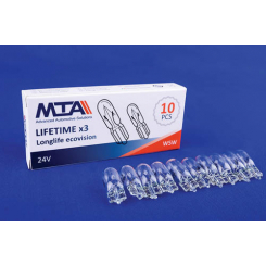Лампа автомобільна 24V 5W W5W (вказівники повороту (бокові), освітлення номерного знака, габарити, стоянкове освітлення/габарити) (10шт) MTA