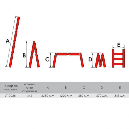 Драбина з алюмінію, багатофункціональна, трансформер, 4х2, 2,38 м INTERTOOL LT-0028