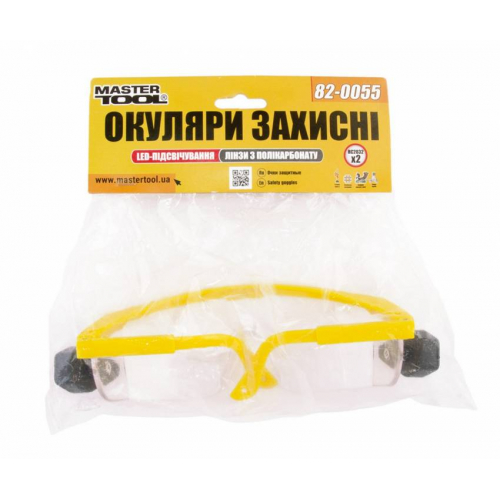 MasterTool Окуляри захисні з LED-підсвічуванням, регульовані дужки, нейлонові, лінзи з полікарбонату, Арт.: 82-0055