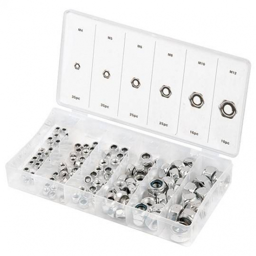 Набір гайок М4, М5, М6, М8, М10, М12, з нейлоновою вставкою, 146 предметів, СІБРТЕХ
