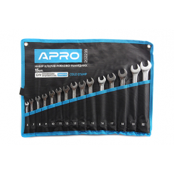 Набір ключів ріжково-накидних CrV 15 шт (6-19, 22мм) (холодний штамп DIN3113) APRO