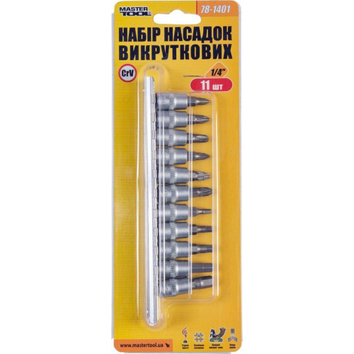 Набір насадок викруткових MASTERTOOL CRV 1/4" 11 шт (PH1/2/3/PZ1/2/3/H3/4/5/6/7) 78-1401