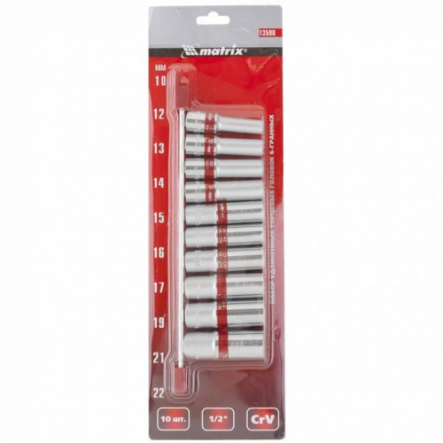 Набір подовжених торцевих головок 1/2", 6-гранні, CrV, 10 шт, 10-22 мм, MTX