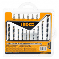 Набір свердл по металу, свердла по бетону, біти 16 шт. INGCO