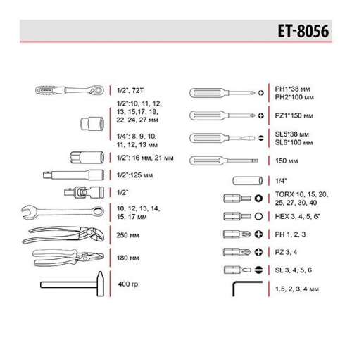 Набір інструментів 56 од., STORM, 1/2", 1/4", Cr-V INTERTOOL ET-8056