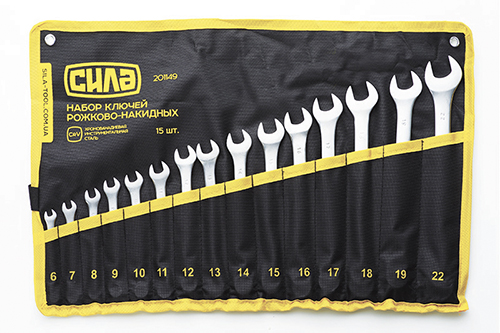 Набір ключів рожково - накидних в чохлі CrV 6, 7, 8, 9, 10, 11, 12, 13, 14, 15, 16, 17, 18, 19, 22 (15шт) СИЛА