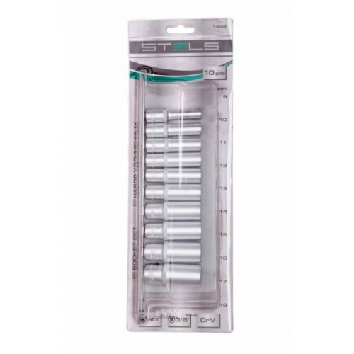 Набір подовжених торцевих головок 3/8, шестигранний, CrV, 10 шт, 8-19 мм.
