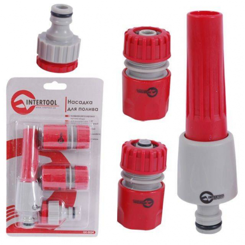 Насадка для поливу з плавним регулюванням потоку води для конектора 1/2" + адаптер універс. для конектора 1/2" з внутрішньою різьбою 1/2" / 3/4", конектор 1/2" на шланг 1/2", конектор з аквастопом 1/2" на шланг 1/2" INTERTOOL GE-0024