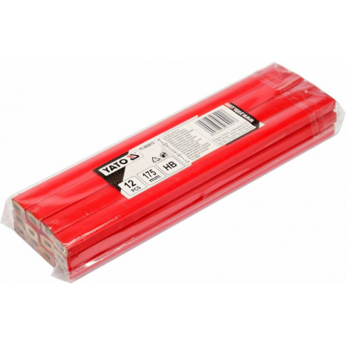 Олівці столярні з твердістю HB YATO: L= 175х 5х 2 мм. 12 шт, в деревяній червоній оболонці