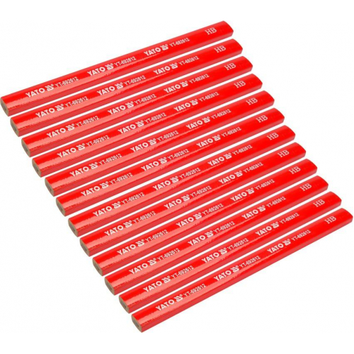 Олівці столярні з твердістю HB YATO: L= 175х 5х 2 мм. 12 шт, в деревяній червоній оболонці