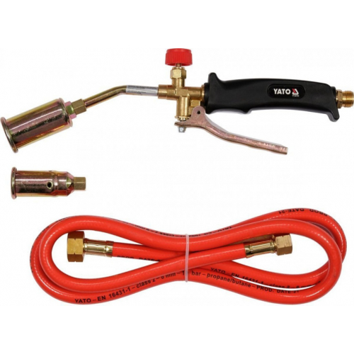 Пальник газовий (пропан, бутан) для покрів. робі YATO 8 кВт, l= 370 мм, з 2 соплами і шлангом- 1,5 м