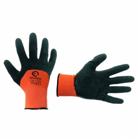 Рукавичка помаранчева в'язана синтетична, посилена, покрита чорним спіненим латексом 10 " INTERTOOL SP-0117