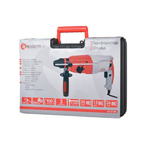 Перфоратор 850 Вт, 3,2 Дж, 0-900 об/хв, 0-4400 уд/хв, SDS plus INTERTOOL DT-0180