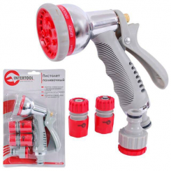 Пістолет-розпилювач для поливу хромований, 8 функцій (центральний, туман, душ, кутовий, повний, злива, конічний, плоский) + адаптер з внут. різьбою 1/2"/3/4", конектор з аквастопом 1/2", конектор 1/2" на шланг INTERTOOL GE-0005