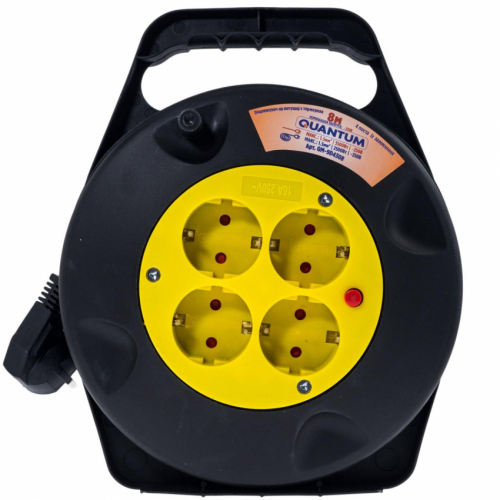 Подовжувач на котушці Quantum з термореле 4 поста із зазем 8м, 3*1.5, 16А, 230B, 3500Вт, 1шт/уп