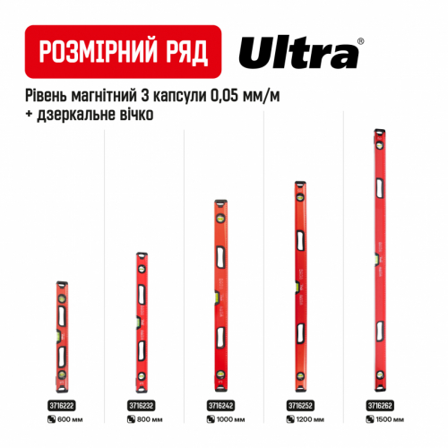 Рівень магнітний 3 капсули + дзеркальне вічко 2 рукоятки 120см ULTRA (3716252)
