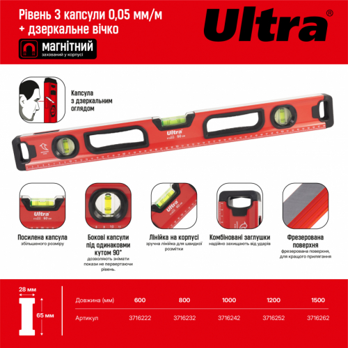 Рівень магнітний 3 капсули + дзеркальне вічко 2 рукоятки 60см ULTRA (3716222)