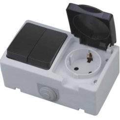 Розетка з заземленням з кришкою + вимикач двоклавішний ATOM