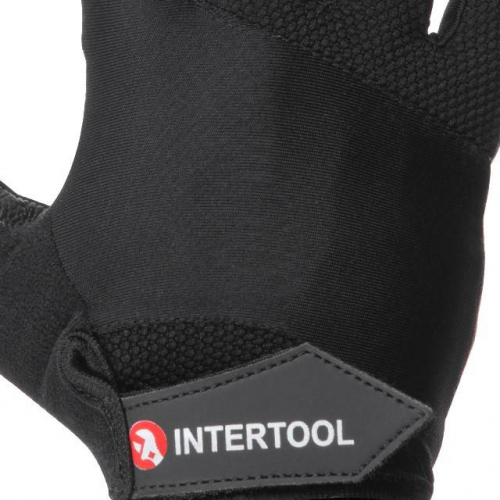 Рукавичка без пальців, шкіряна, гелеві та гумові вставки на долоні, вставки з повітропроникного неопрену на тильній стороні, фіксація ремінцем на липучці, 10" INTERTOOL SP-0147