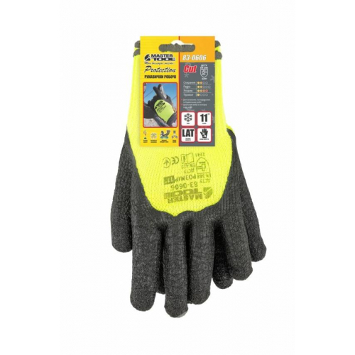Рукавички акрилові утеплені MASTERTOOL зі зморшкуватим латексним покриттям 11" 90-95 г неоново-чорні 83-0606
