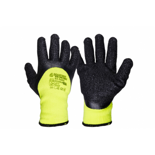 Рукавички акрилові утеплені MASTERTOOL зі зморшкуватим латексним покриттям 11" 90-95 г неоново-чорні 83-0606