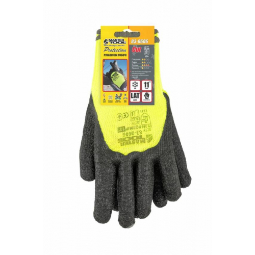 Рукавички акрилові утеплені MASTERTOOL зі зморшкуватим латексним покриттям 11" 90-95 г неоново-чорні 83-0606