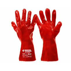 Рукавички кислотостійкі MASTERTOOL бавовняний трикотаж повне ПВХ покриття манжет крага 350 мм 10.5" 185-190 г червоні 83-0502