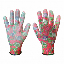Садові рукавички з поліуретановим покриттям, з малюнком троянди, розмір 8"