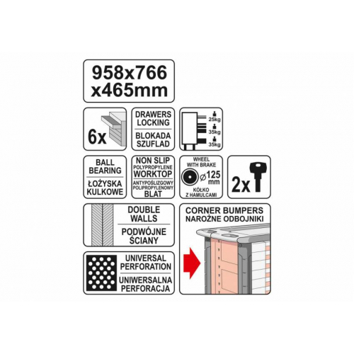 Шафа-візок для інструментів YATO з 6 ящиками, 958x766x465мм